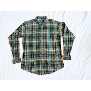 Patagonia Men's XL Organic Pima Cotton Blue Orange Flannel Shirt Long Sleeve